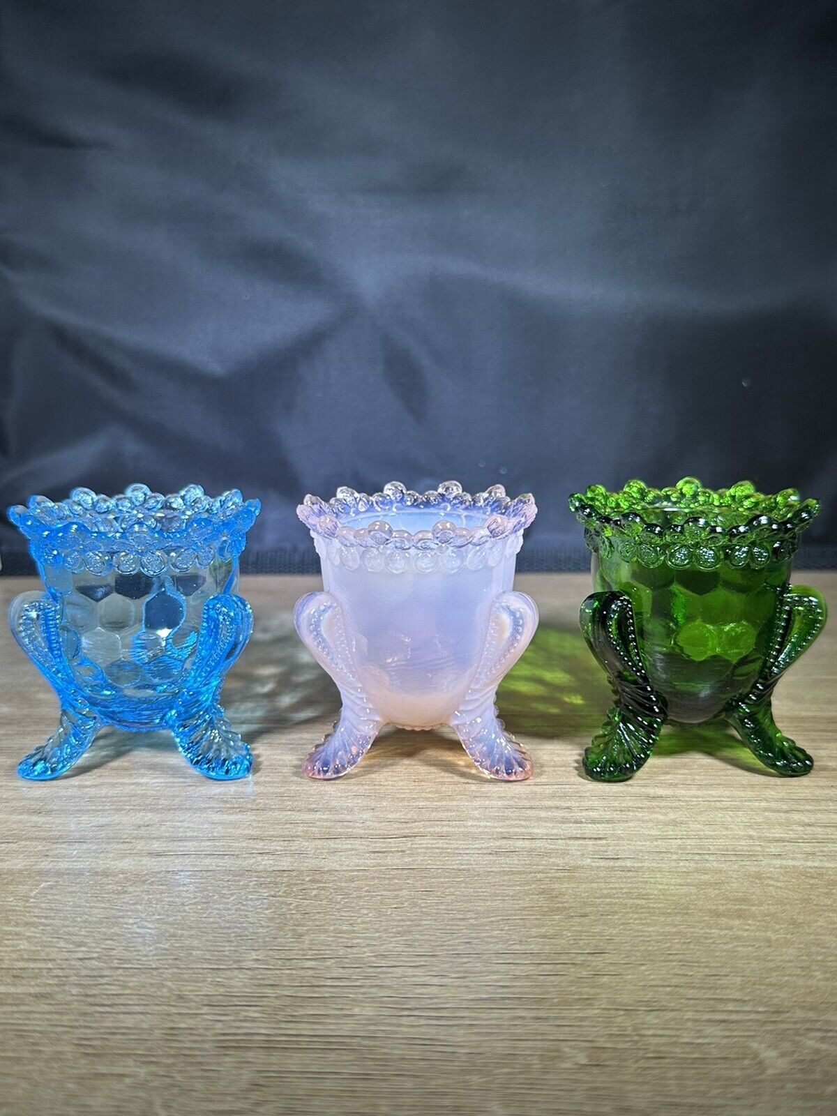 Vintage Degenhart Glass Forget Me Not Honeycomb Footed Toothpick Holders 3 Lot