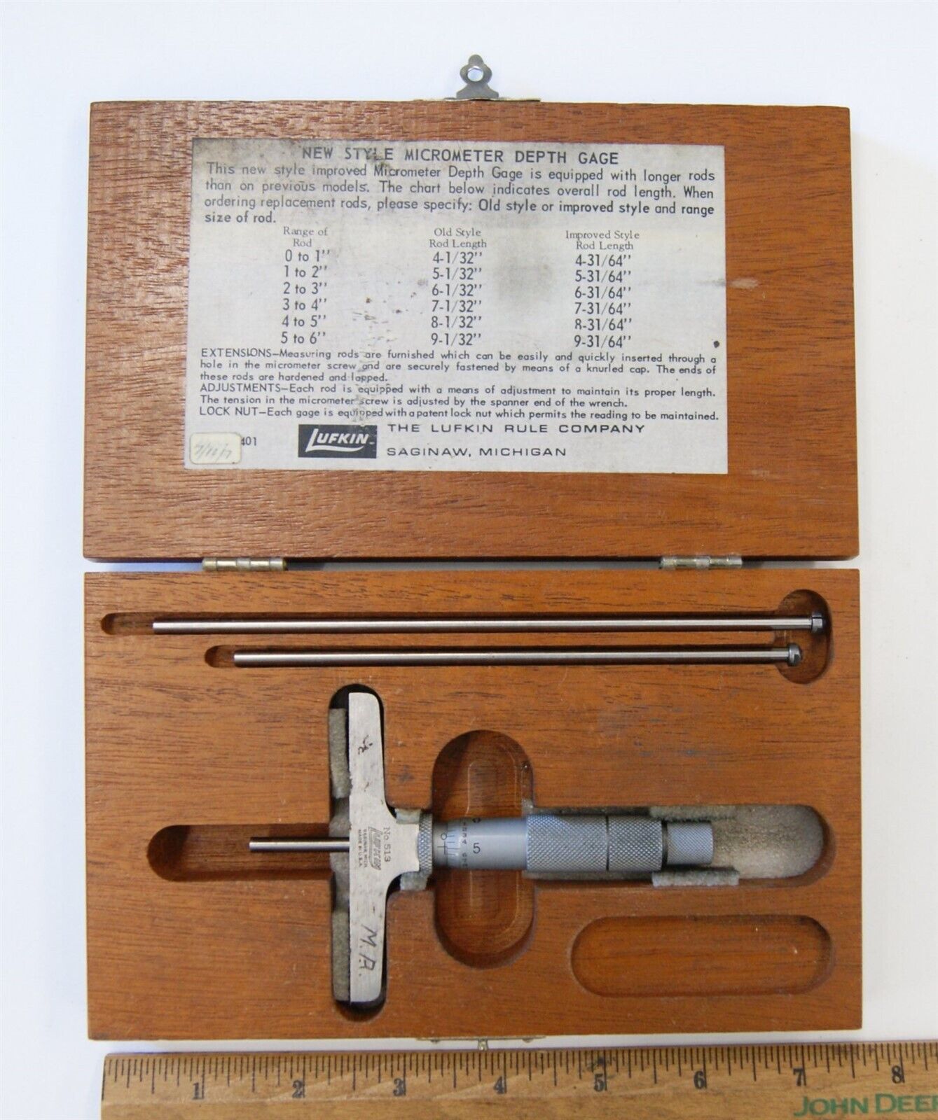 Lufkin No. 513 Micrometer Depth Gage in Mahogany Case USA Made, READ, BN2715
