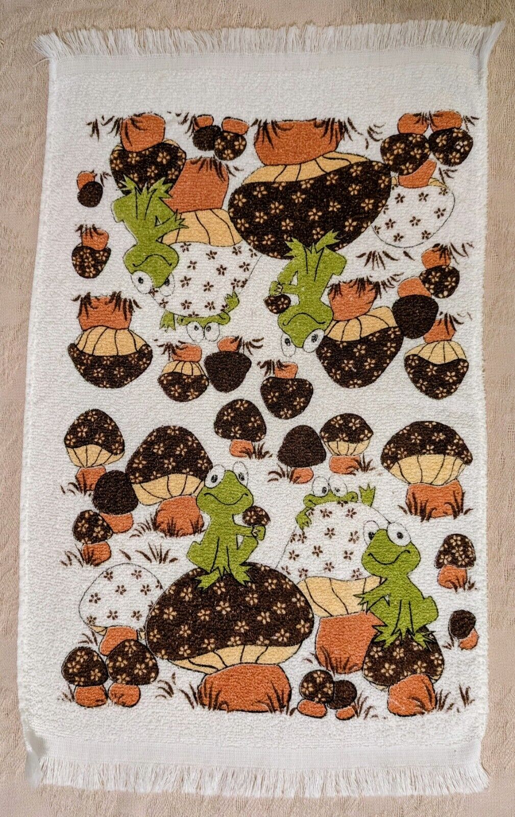 1970s Mushroom & Smiley Frog Kitchen Terry Hand Towel Retro Fringe Flower VTG
