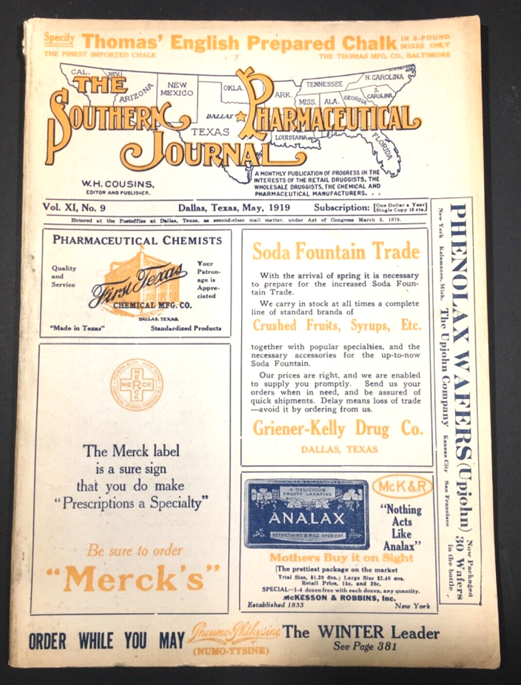 May 1919 The Southern Pharmaceutical Journal Trade Journal, Magazine, Good Shape