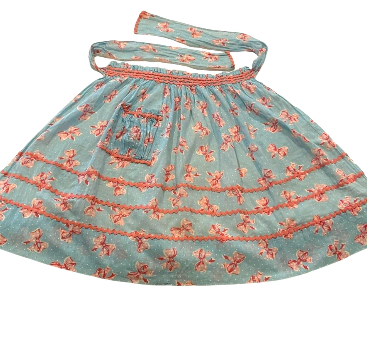 Vintage 1940s 1950s Novelty Fabric Pink Bows Blue Dotted Swiss 1/2 Apron Ruching