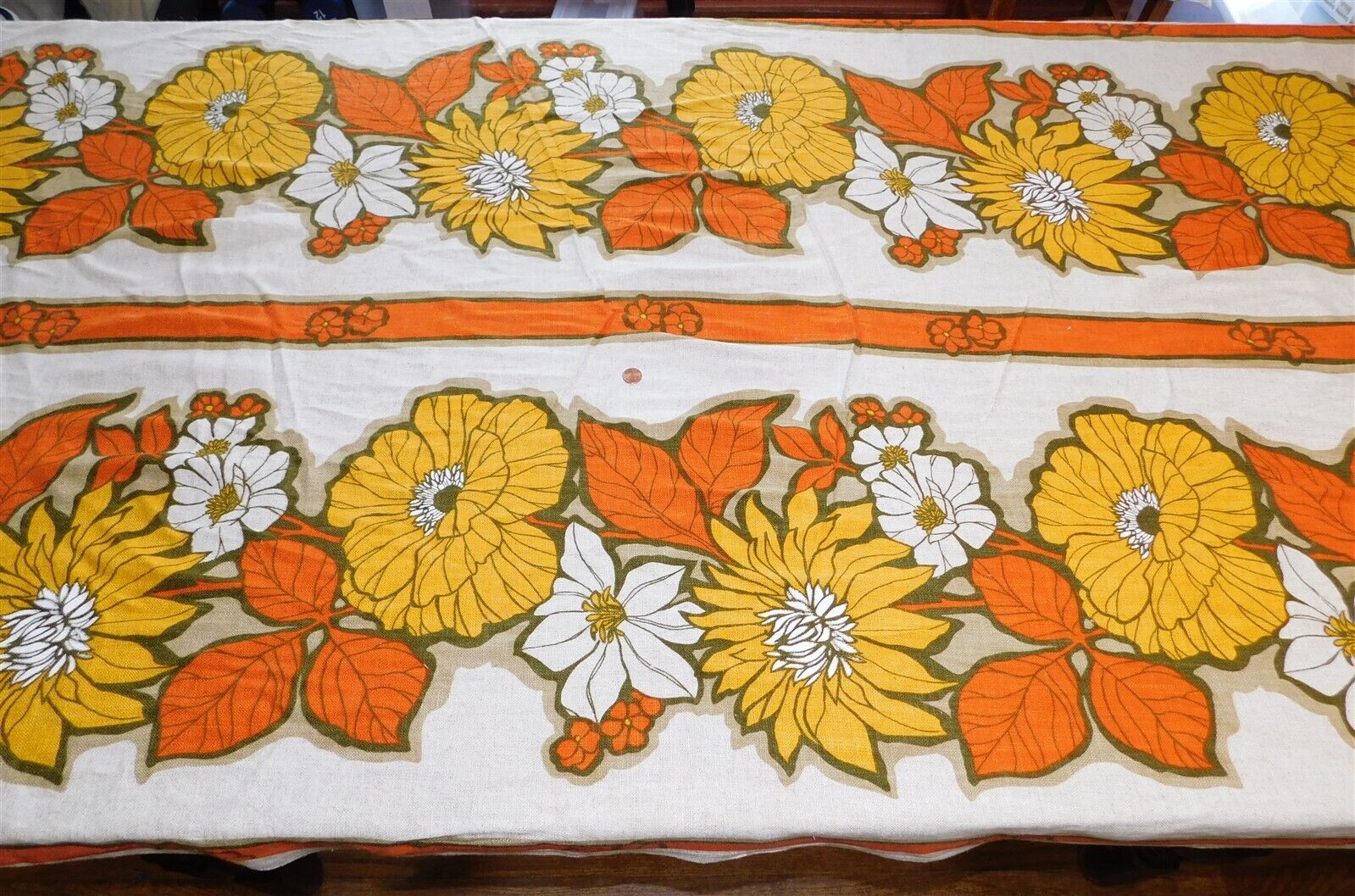 Vtg 1970s Bold Floral Orange Yellow Gold MOD Curtain Home Decor Fabric BTY
