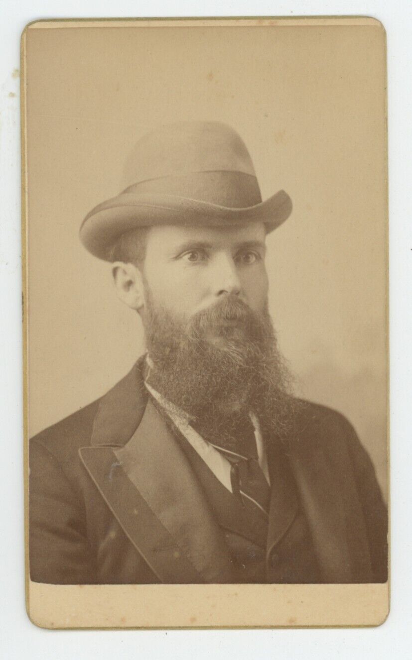 Antique CDV c1870s Incredibly Handsome Man Wearing Derby Hat With Long Beard