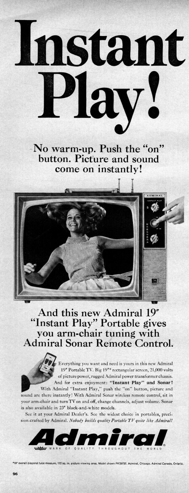 1966 Admiral Television Vintage Print Ad Instant Play Remote Control