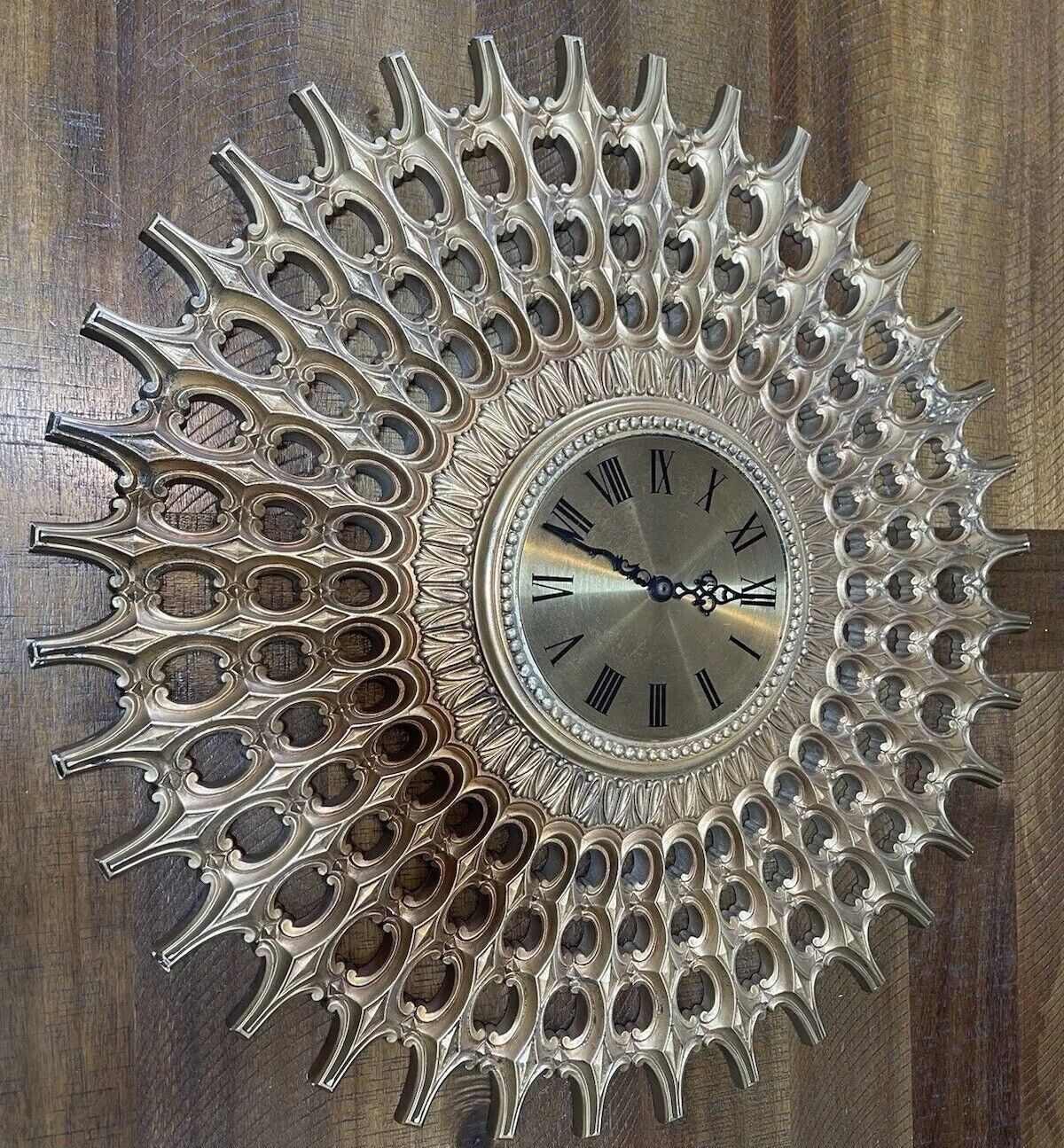 Vintage Mid-Century Modern Starburst Sunburst Gold Wall Clock by Elgin 25”