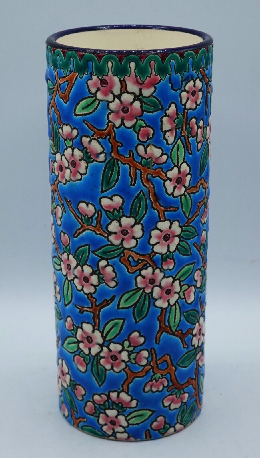 French 19th Century Longwy Emaux Blue Ceramic Cylindrical Flower Vase VERY RARE