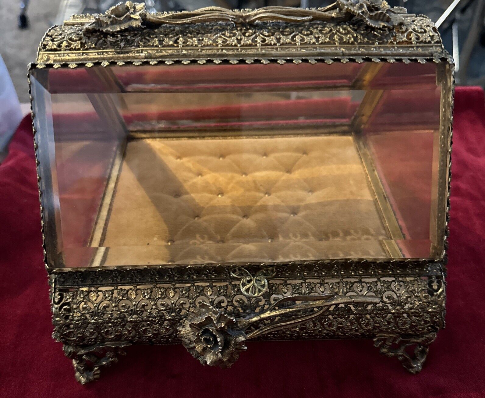 Vintage Antique Beveled  Glass Jewelry Casket Dresser Box Ormolu Filigree