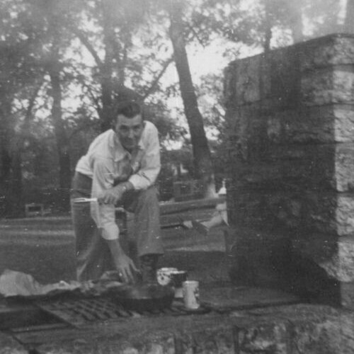 5C Photograph Handsome Man Grilling BBQ Cast Iron Pan 1940-50\'s 