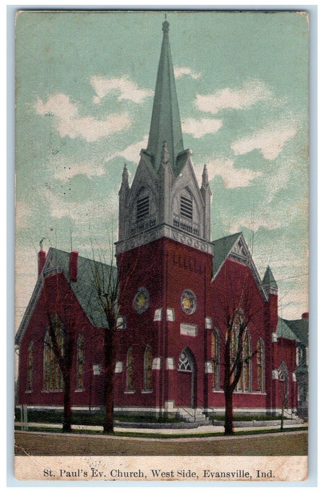 c1910 St. Paul\'s Ev. Church West Side Evansville Indiana IN Posted Postcard