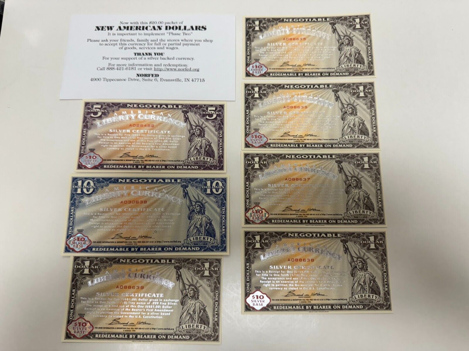 1998 NORFED American Liberty Currency Silver Certificates, $20 Packet / 7 pieces