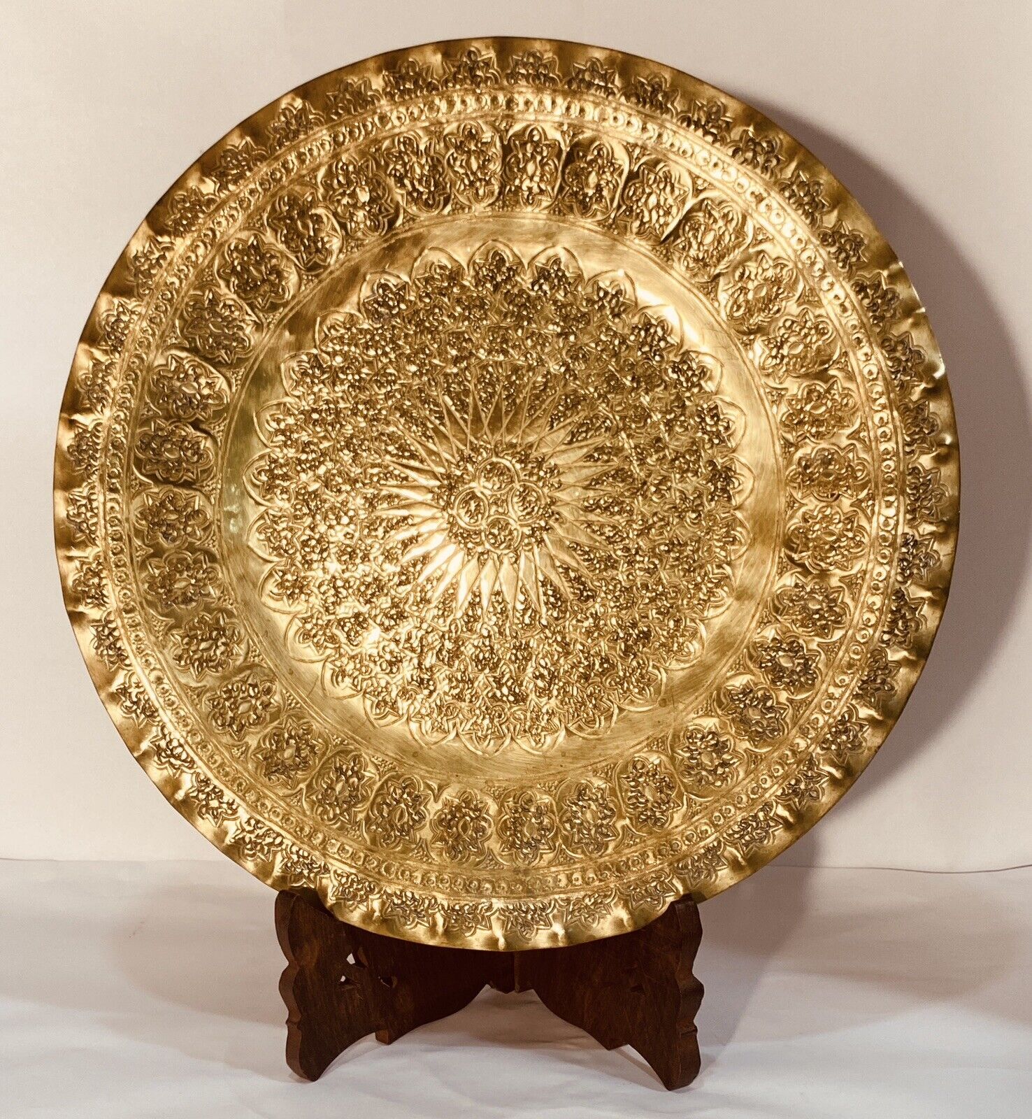 Moroccan Etched Brass Tray Round Hand Crafted 14” Sun Rays Design Shiny VTG
