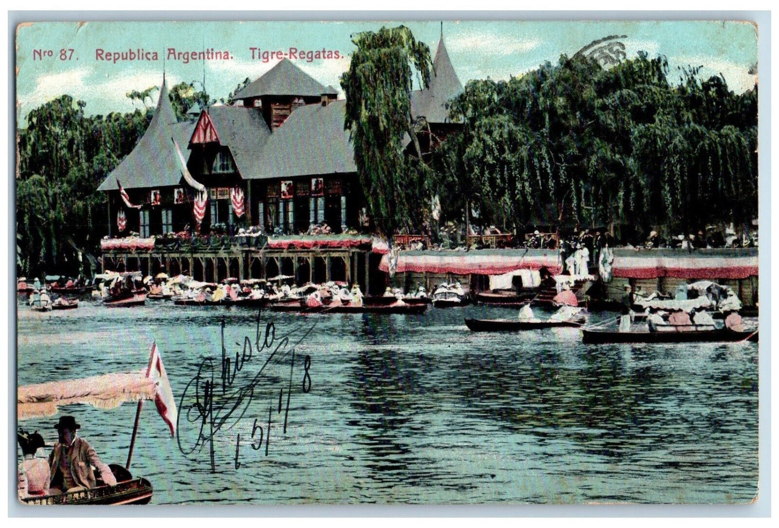 Republica Argentina Postcard Tigre-Regatas Boat Canoeing c1910 Posted Antique