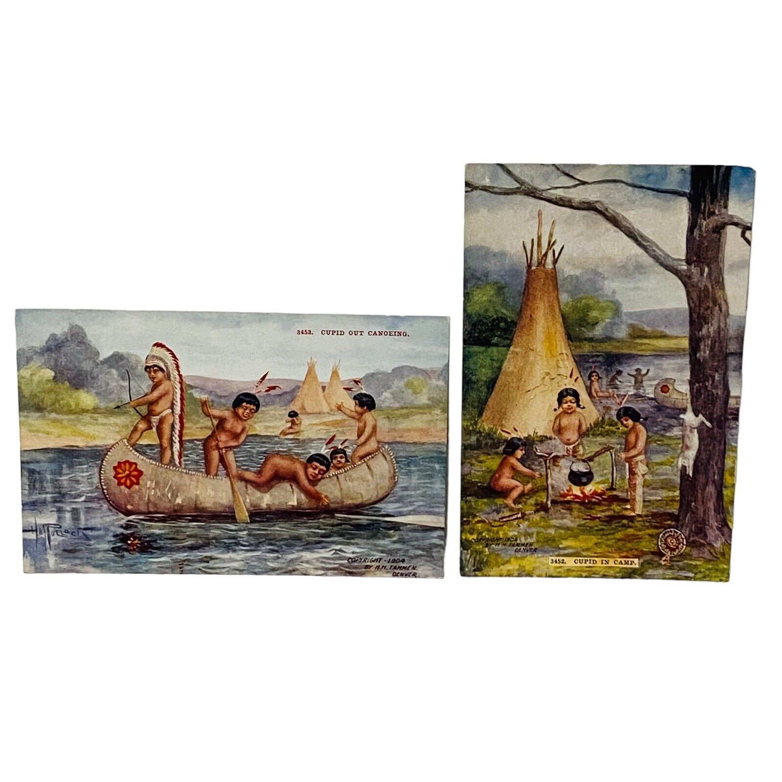 Native American Cupid Children Postcards Set Of 2 Out Canoeing In Camp 1904