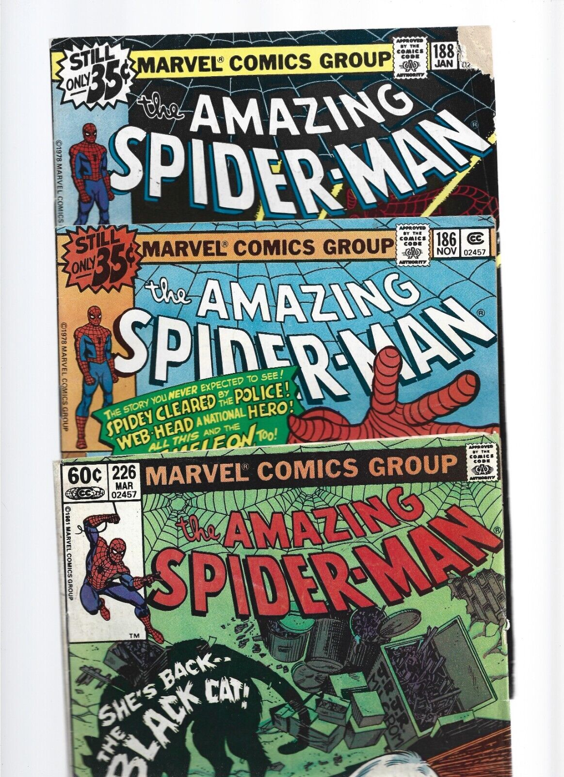 MARVEL AMAZING SPIDER-MAN LOT OF 3 BRONZE AGE COMICS #'s 186/188/226