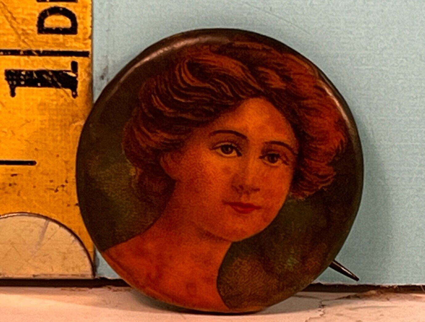 Vintage lovely period Girl pinback button.