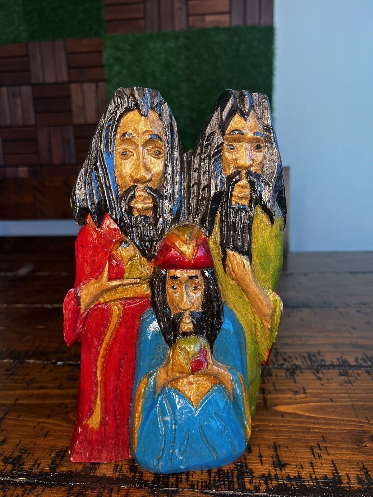 Wood AFRICAN ART Sculpture Rastafarian Jamaican Hand Carved 3 Men Ethnic Culture
