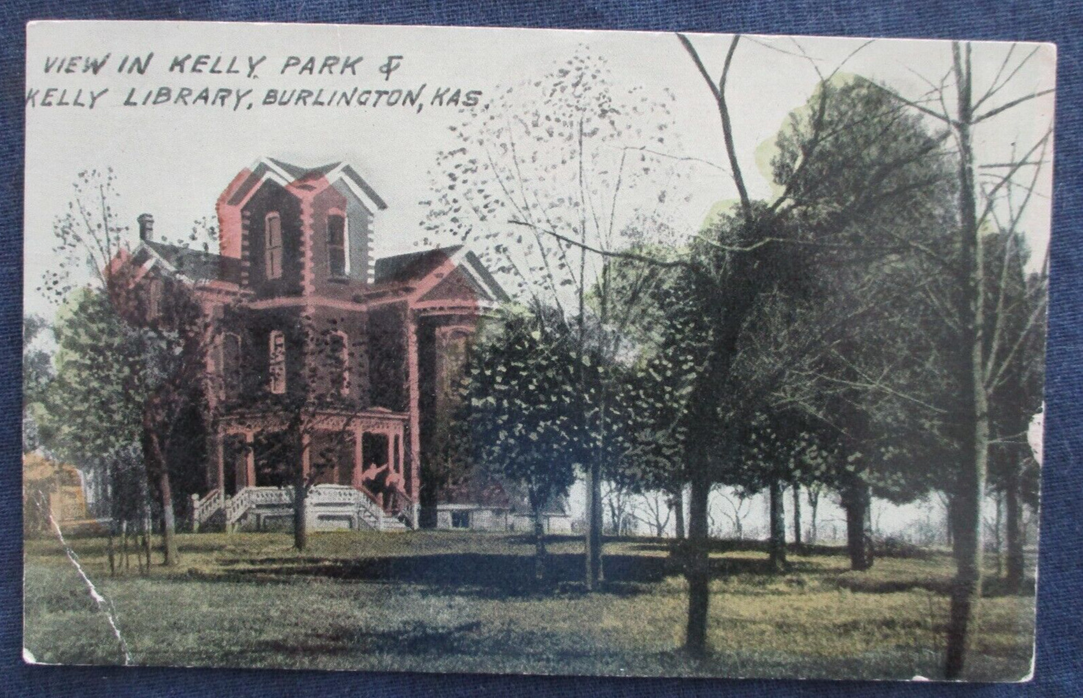 1912 Burlington Kansas Kelly Park & Library Postcard & Cancel
