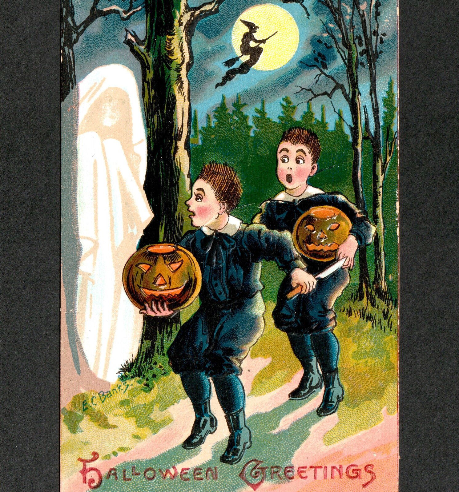 Ghost 1909 Halloween Greetings EC Banks Landsdorf LA2 Witch Moon JOL PostCard
