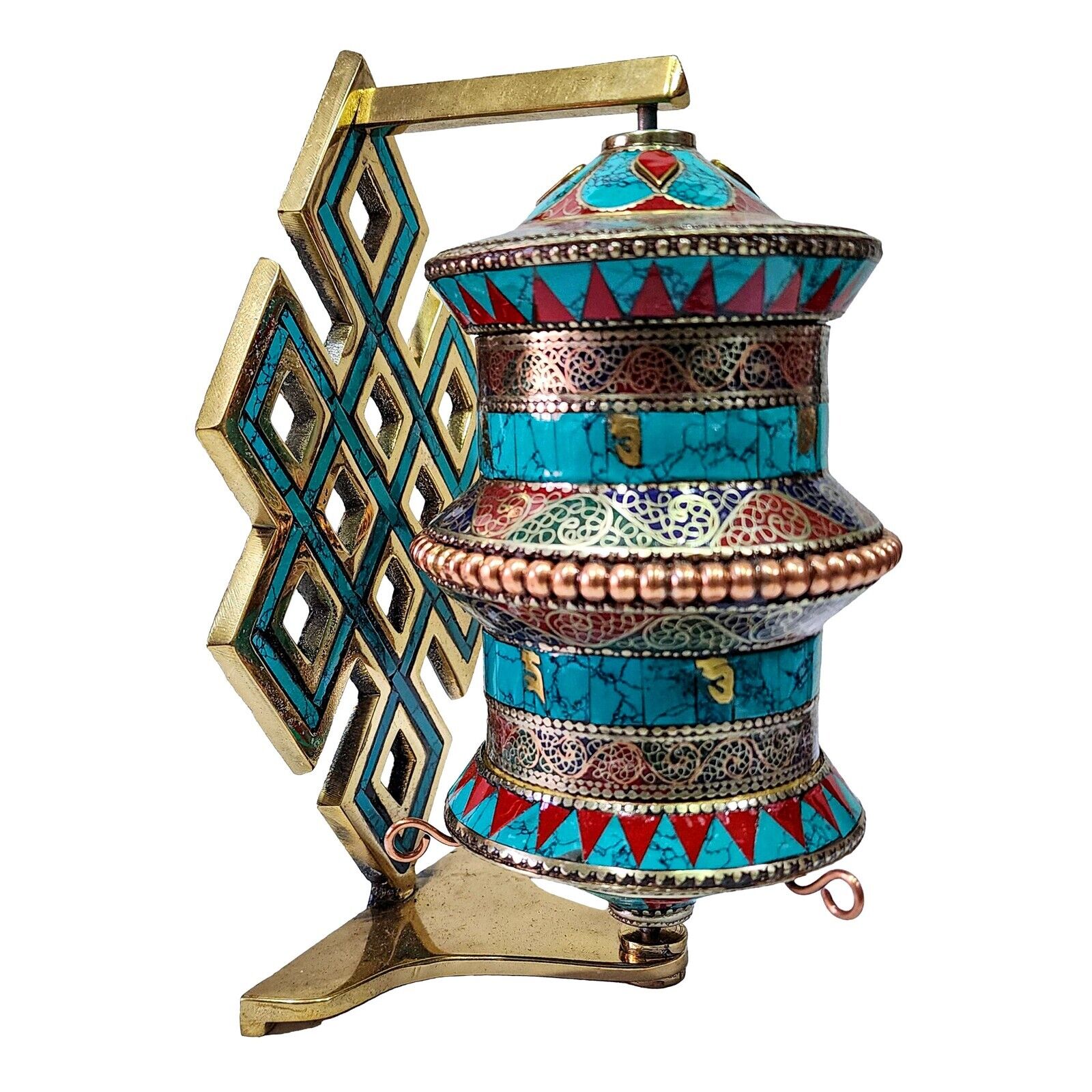 Nepal Tibetan Buddhist Oxidized Prayer Wheel w Holder Copper Mantra Home Décor