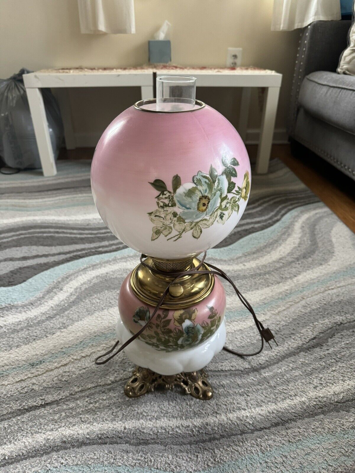 Antique ORNATE Victorian Banquet/Electric Parlor Lamp. Pink Flowers.