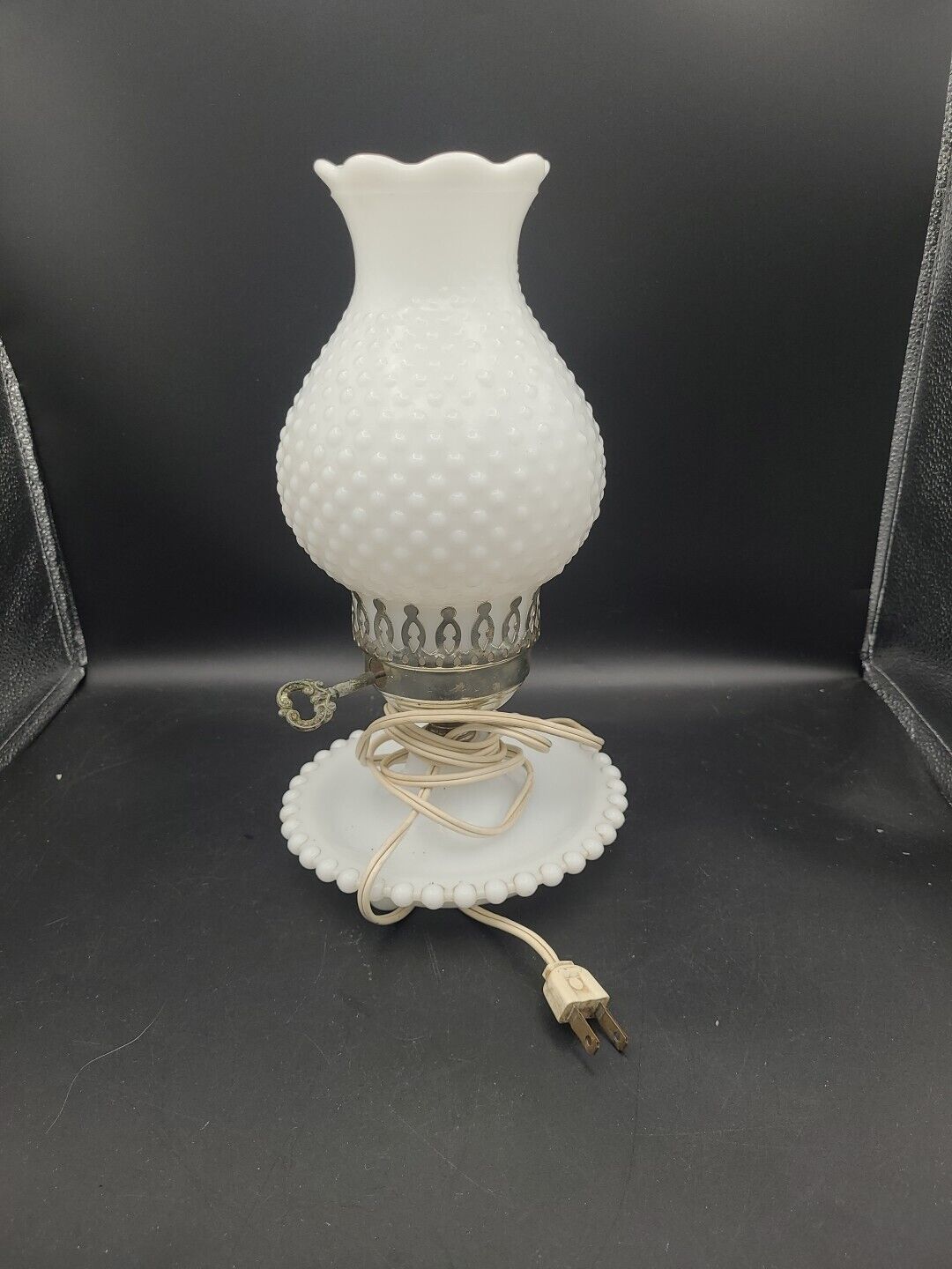 Vintage 11” Hobnail Milk Glass Hurricane Lamp.