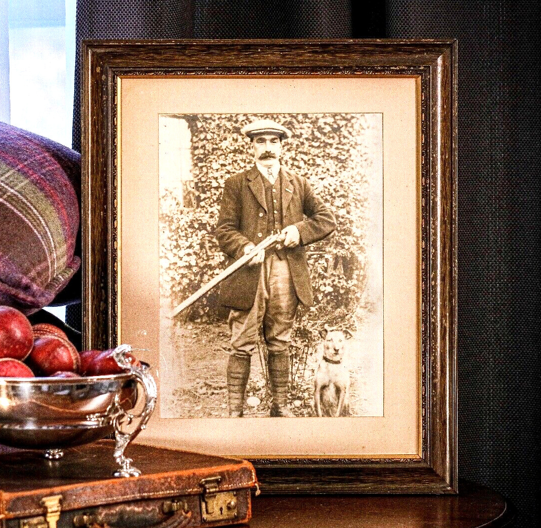Huge Framed Antique Photograph Man Dog Portrait Hunting Country Wall Decor