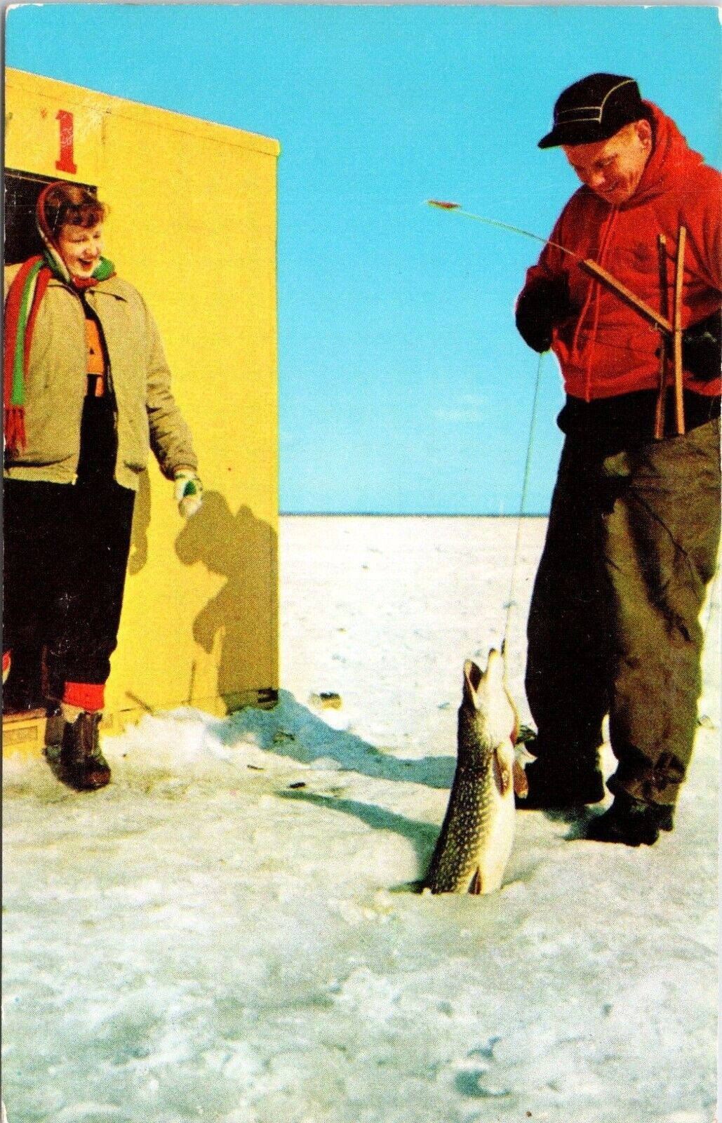 Michigan Water Wonderland Ice Fishing Catch Man & Woman Unused Postcard A411