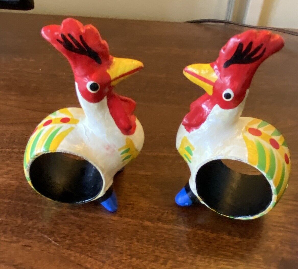 Rooster Napkin Rings Farmhouse Country Cottage Hand Painted Wood Animals Whimsy