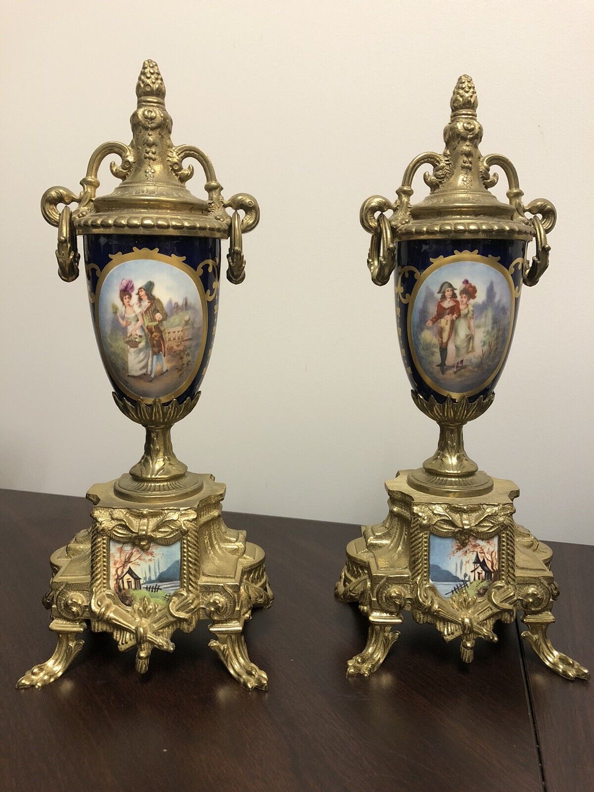 Vtg Pair of Sevres Style Gilt Metal Porcelain Urns Italy 20th c. Courting Scenes