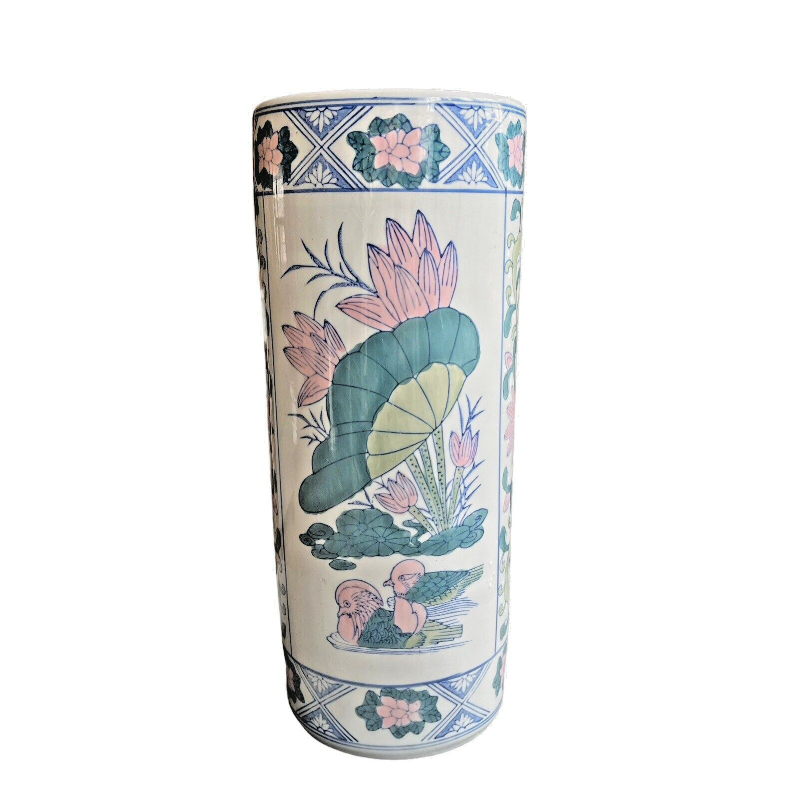 Vintage Chinese Chinoiserie Famille Lotus Pastel Ceramic Vase 14\