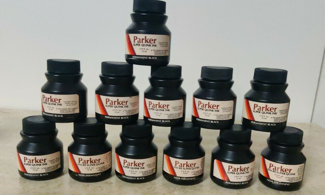 Vintage Parker Super Quink Solv-X Permanent Black 12 Bottles 1 Dozen A2