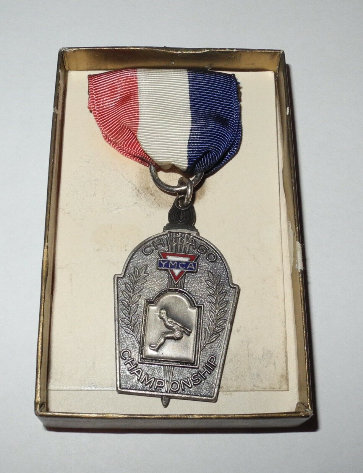 1957 Sports Broad Jump YMCA Chicago Medal Token Badge Pin Button Award Pinback
