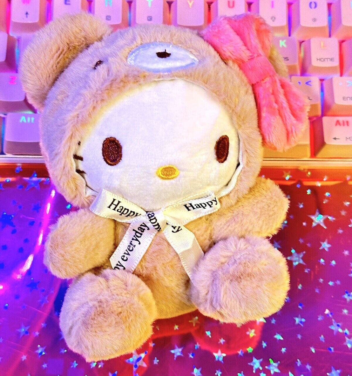 Sanrio Hello Kitty x Teddy Bear Cosplay Plush Keychain Gold Toned Clasp Keyring