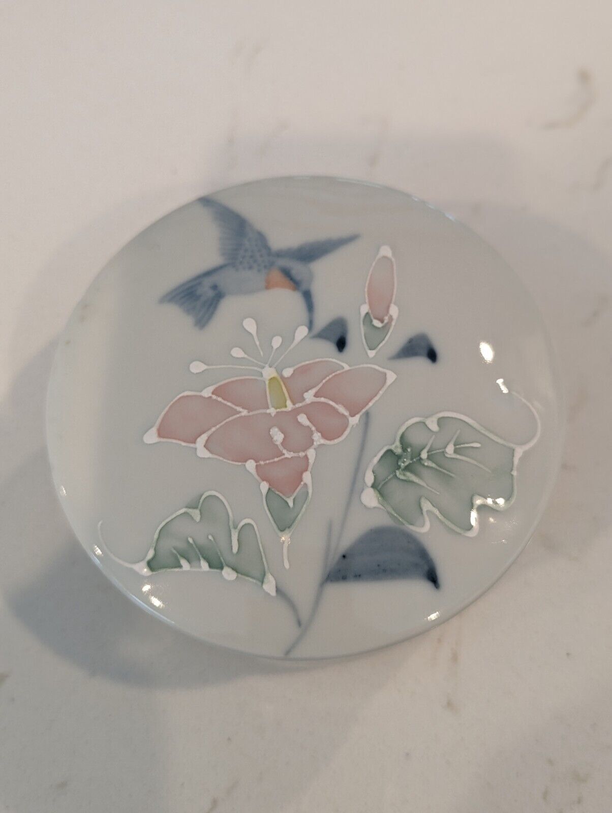 Vintage Otagiri Hummingbird Trinket Box Porcelain Blue Pink Green Keepsakes