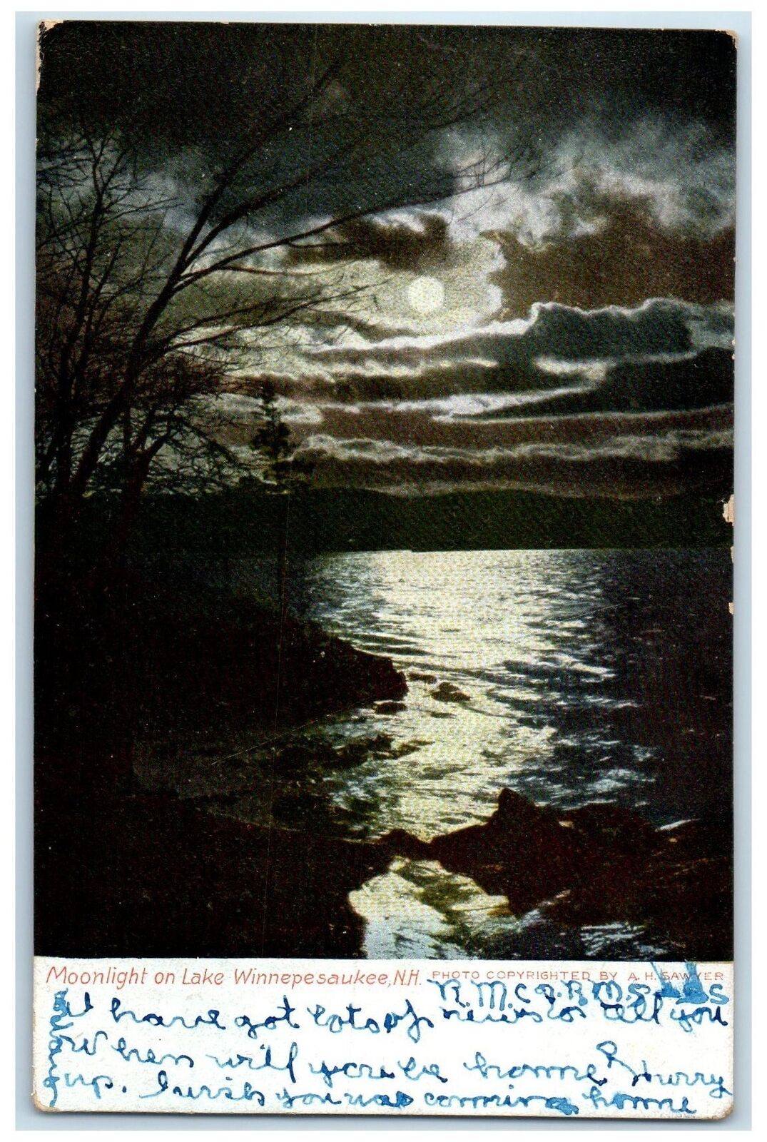c1920's Moonlight On Lake Reflection Winnepesaukee New Hampshire NH Postcard