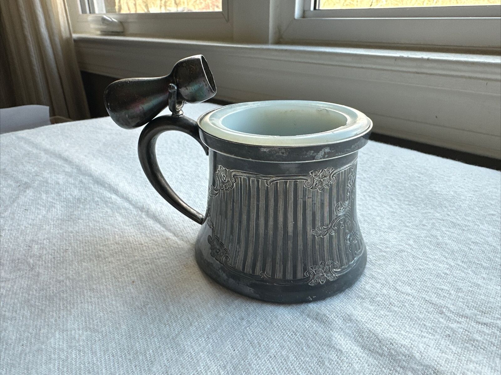 Antique Rodger’s Silverplate Shaving Mug W/Glass Insert And Brush Handle