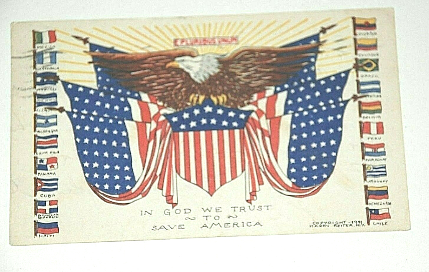 WWII ERA Postcard In God We Trust to Save America Eagle & Allied Americas Flags