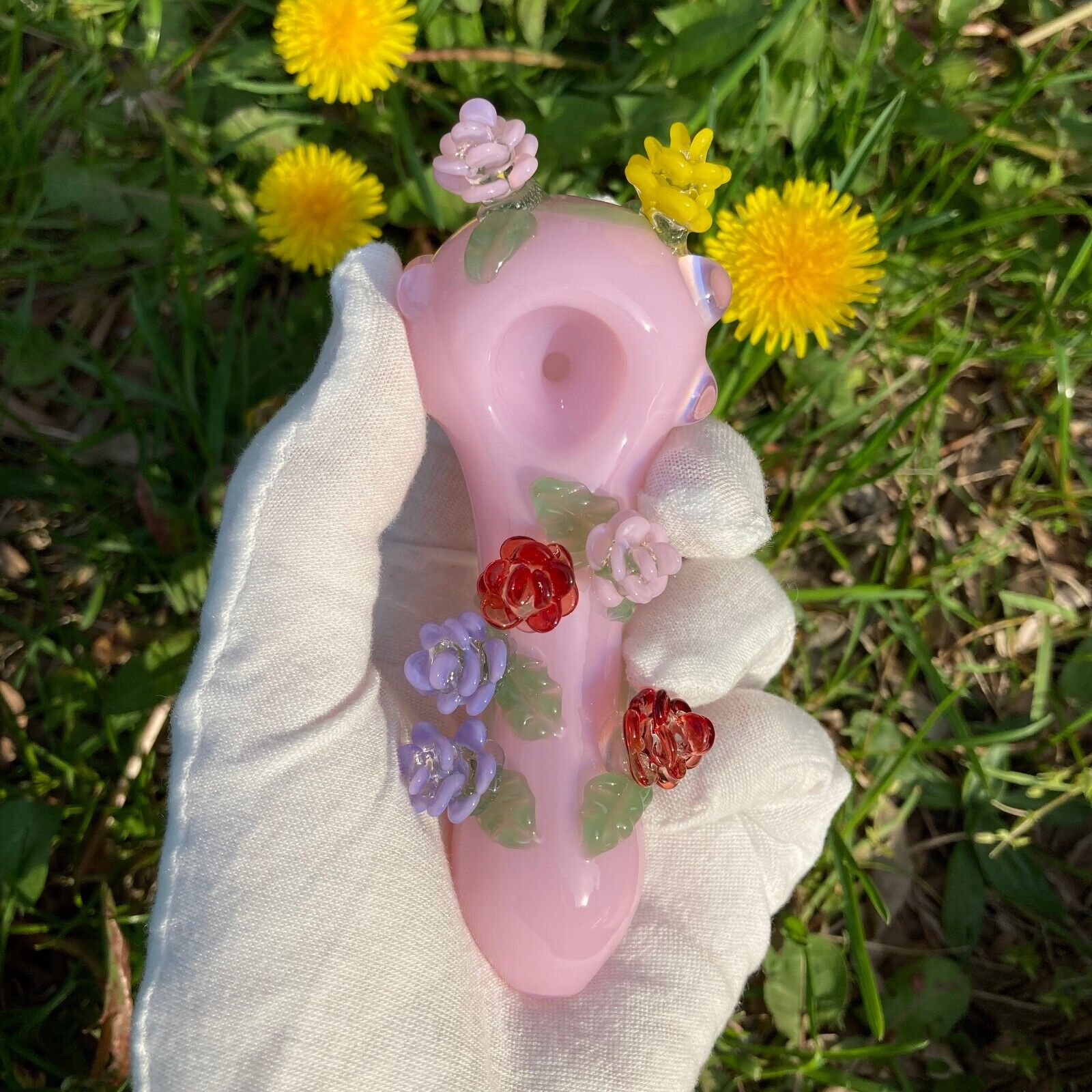 Pink Flowers Glass Pipe Smoking Hand Spoon Tobacco Bowl