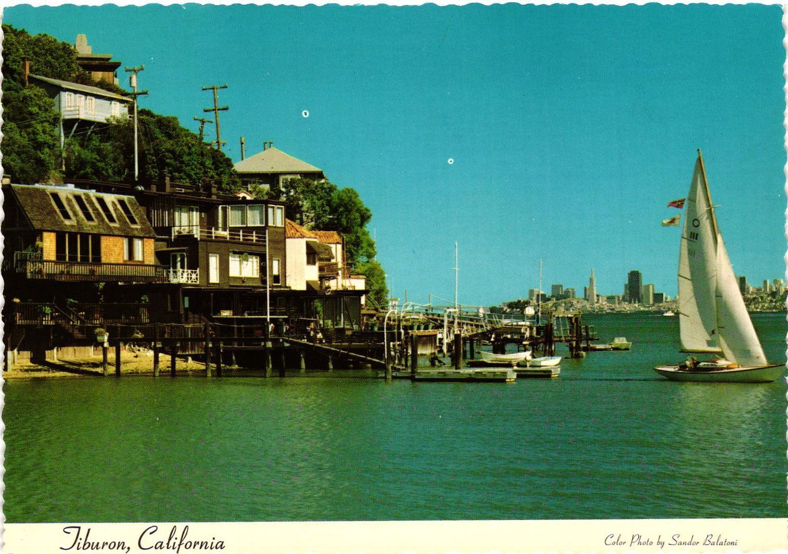 Vintage Postcard 4x6- HOUSES, SAILBOATS, TIBURON, CA.