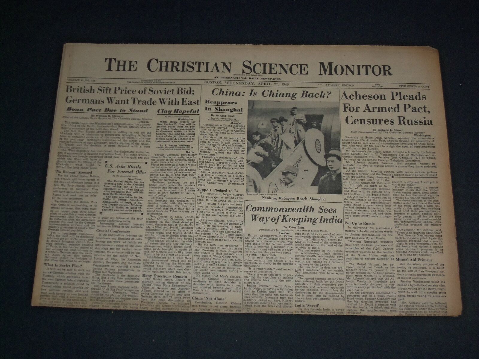 1949 APRIL 27 THE CHRISTIAN SCIENCE MONITOR NEWSPAPER - IS CHIANG BACK?- NP 3399