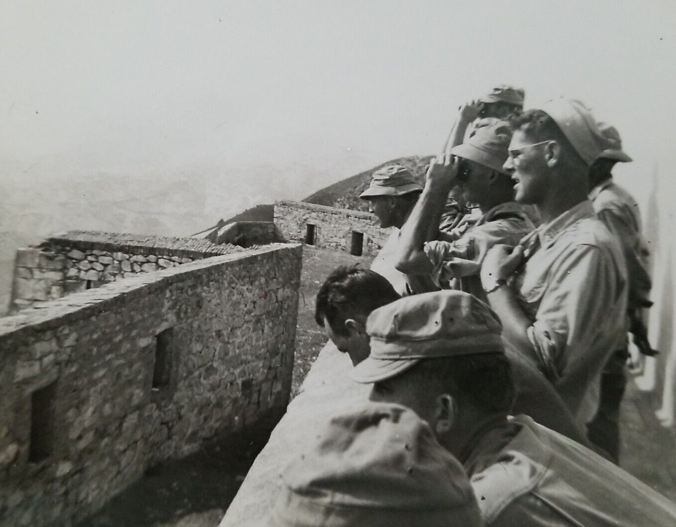 Vintage U.S. Soldiers, Atop Mountain, By Brick Walls PHOTO ~ Military 