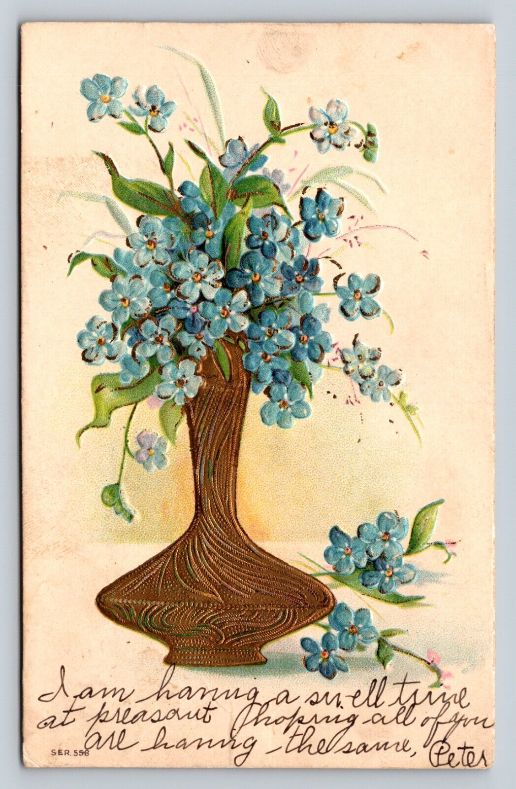 c1906 Blue Flowers In Vase Embossed ANTIQUE Postcard 0958
