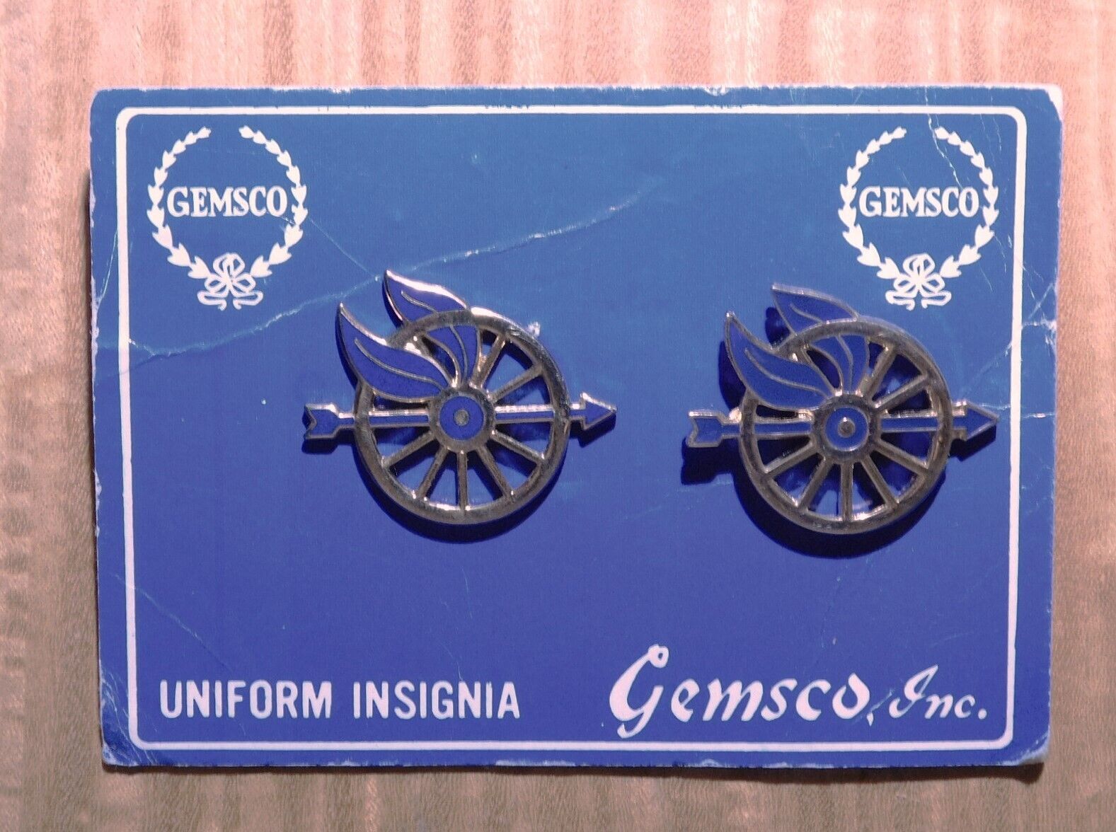 GEMSCO NOS Vintage Collectible PIN - 1 PAIR MOTORCYCLE WINGED WHEEL gold blue