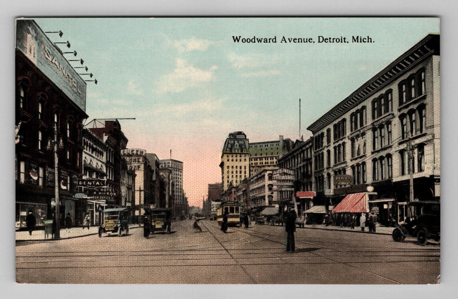 Postcard 1900s MI  Woodward Ave Trolley Old Cars Street View Detroit Michigan