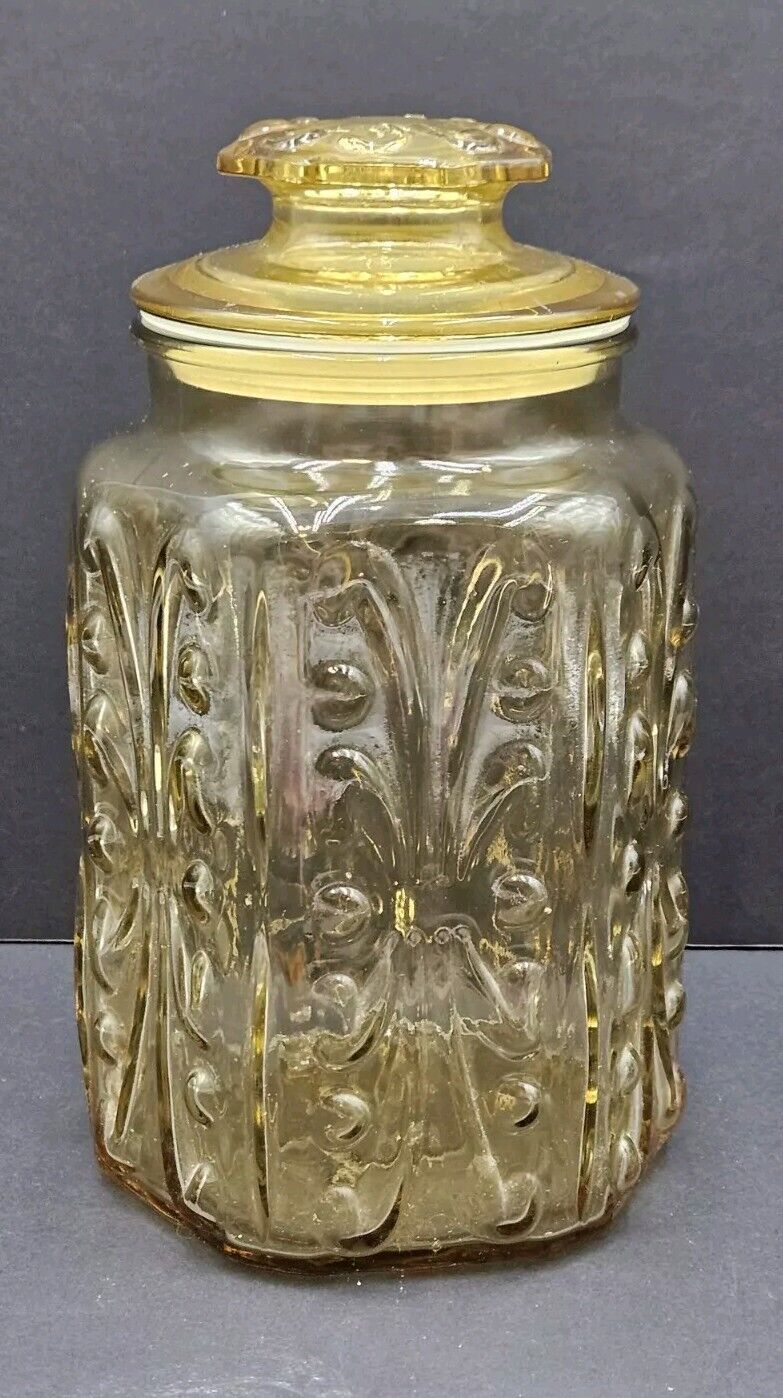 Vintage Federal Glass Atterbury Scroll Show Off Amber Canister Jar With Lid 8 In