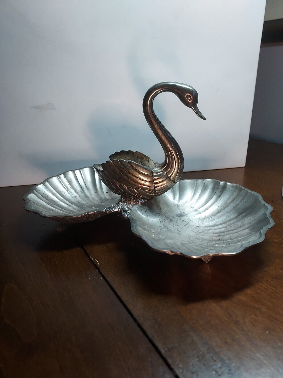 VTG Silverplate Swan & Double Shell Divided Candy/Nut Dish, Made in Hong Kong