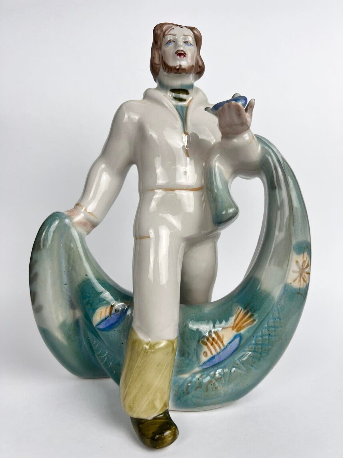 Rare Polonne Vintage Soviet Porcelain Figure Statue Fisherman Ukraine 22 cm