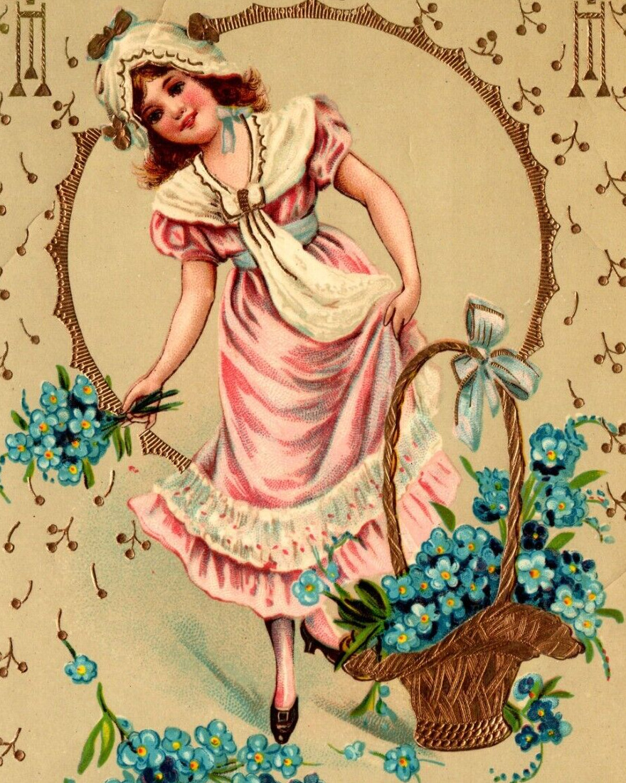 Birthday Greeting Girl In Dress w/ Basket of Blue Flowers VINTAGE Postcard