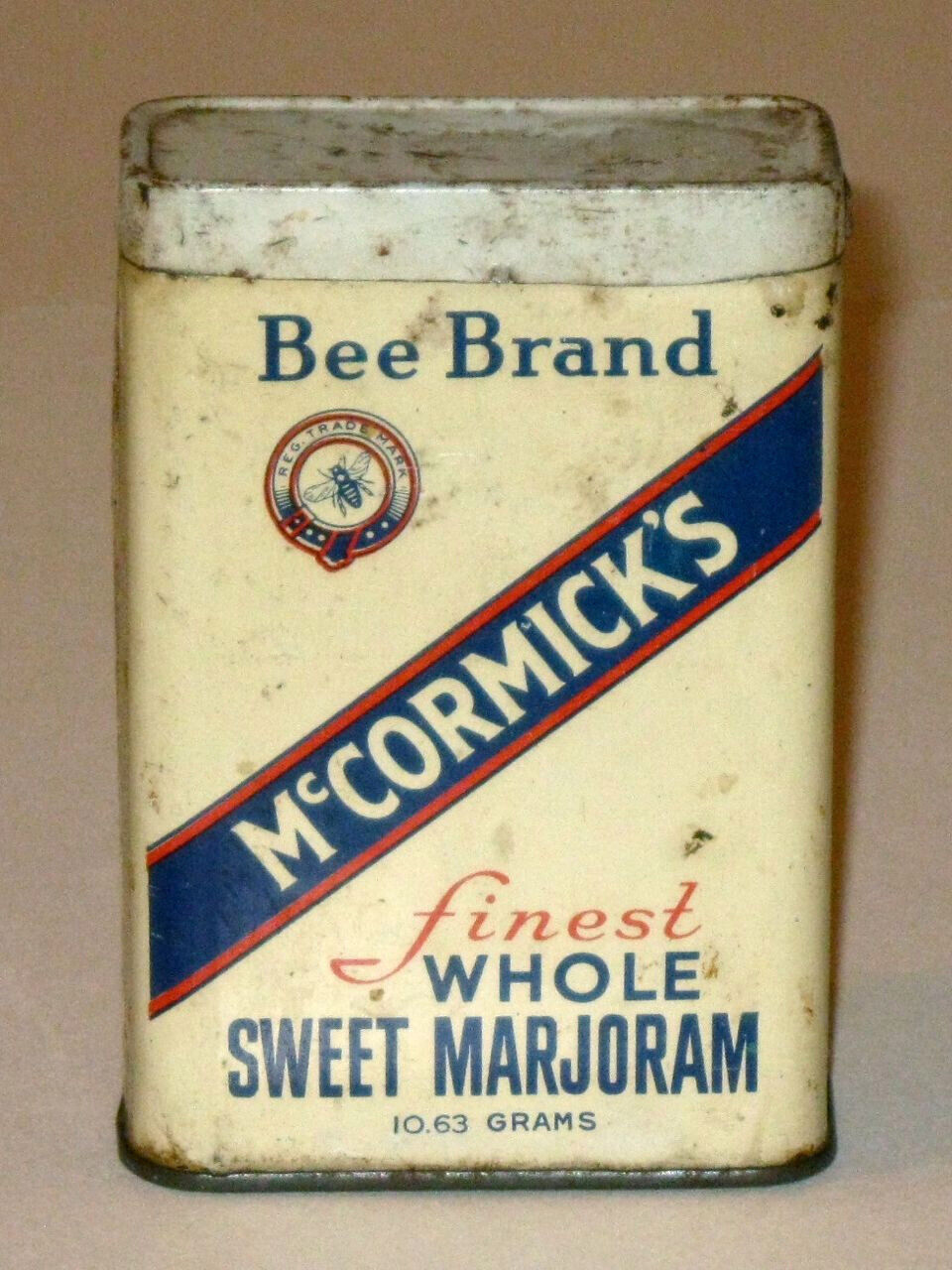 Antique 1936 McCORMICK\'s Bee Brand WHOLE SWEET MARJORAM Advertising Tin w Spice