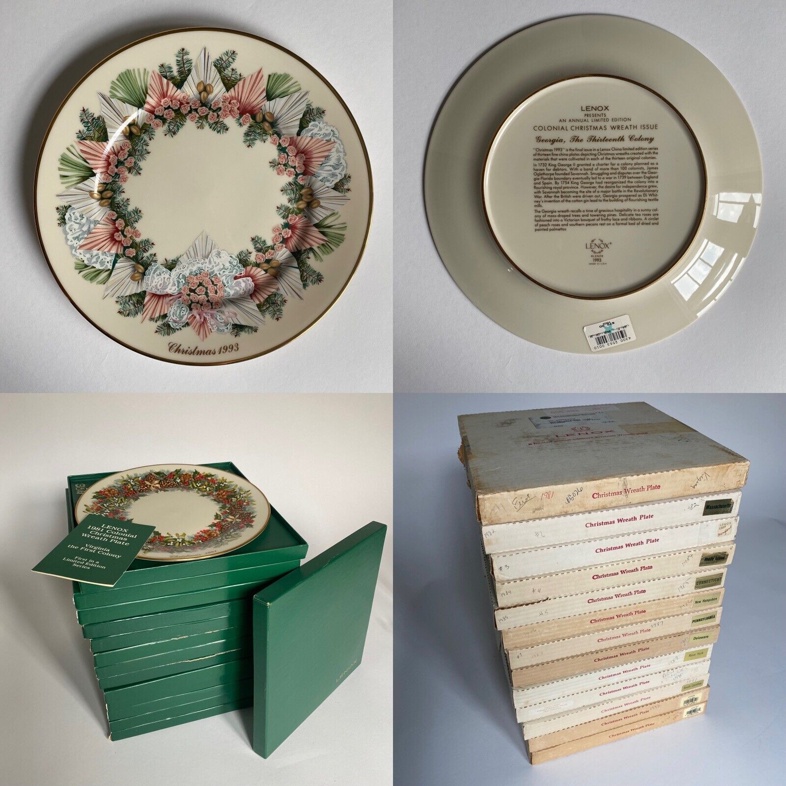 LENOX Set of 13 Colonial Christmas Wreath Plates - COA's & Box Read Description